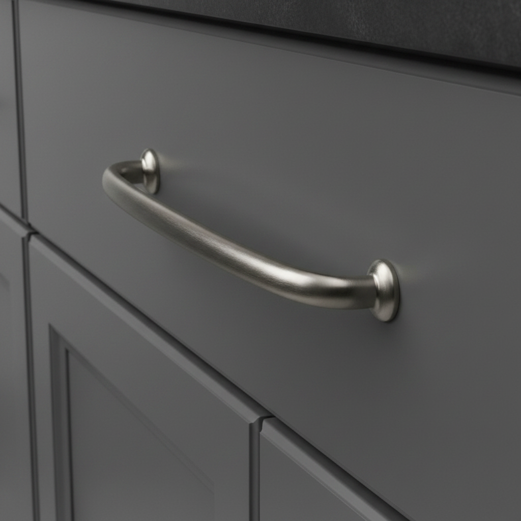 Gray cabinet with a modern satin nickel cabinet handle