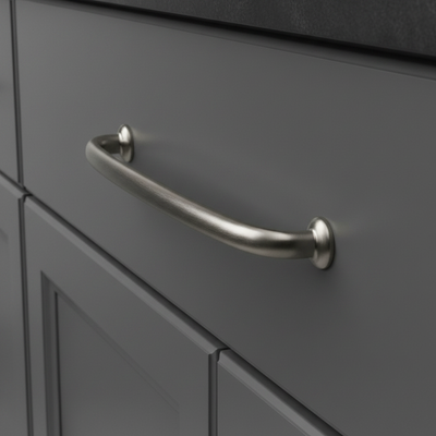 Gray cabinet with a modern satin nickel cabinet handle