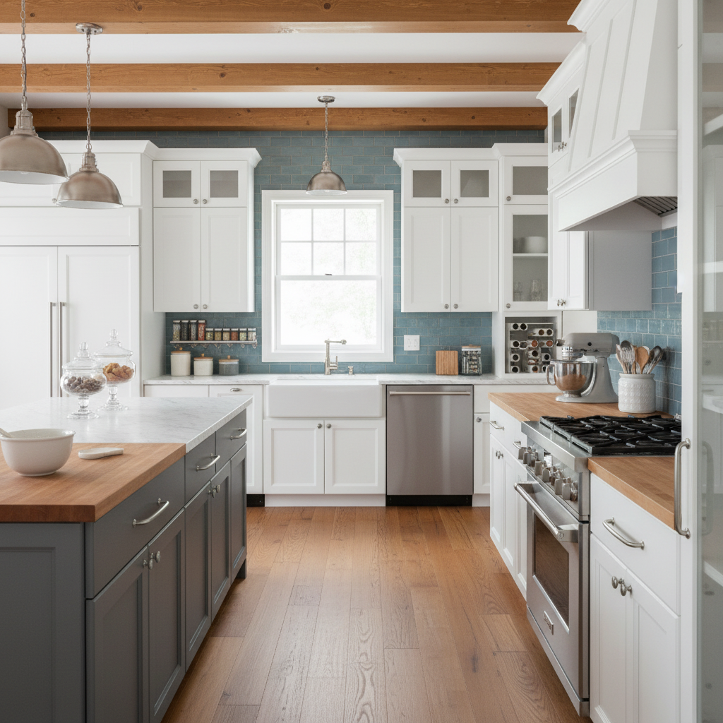 Modern kitchen with white cabinets and modern satin nickel cabinet pulls,  wooden countertops, and stainless steel appliances and a warm blue baker's island.