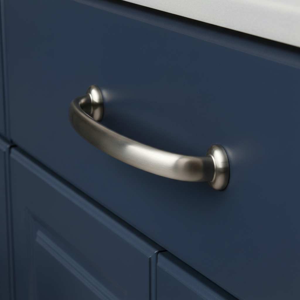 satin nickel handle on a blue cabinet door