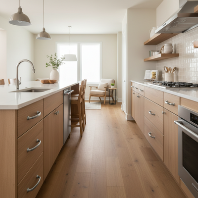 Modern kitchen with wooden cabinets, white countertops, and stainless steel appliances.