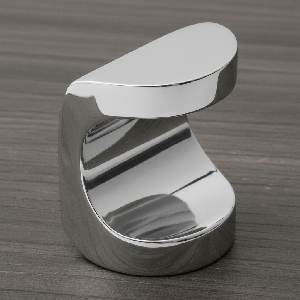 Chrome bathroom faucet handle on a wooden surface