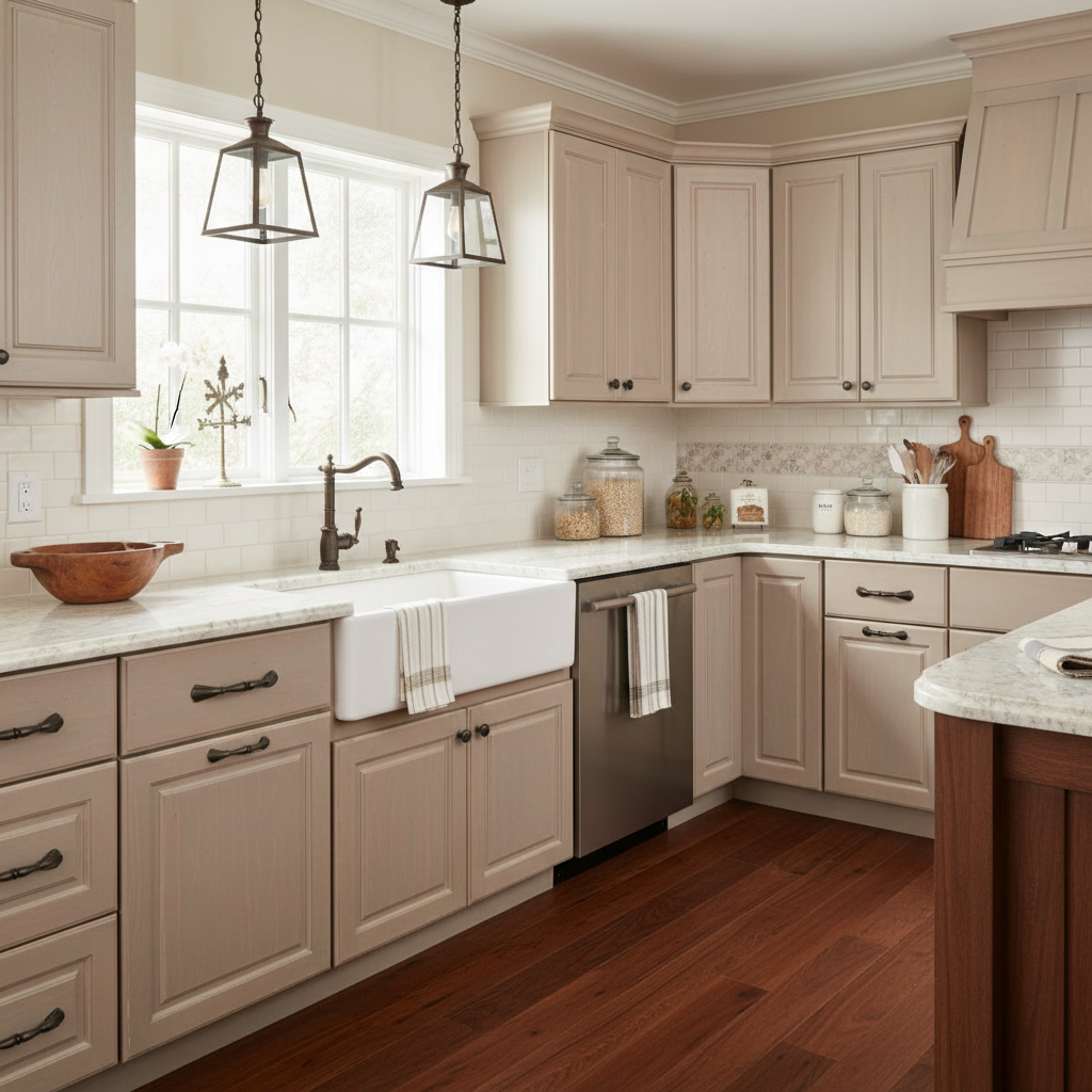 Close-up of a black cabinet handle on a wooden drawer