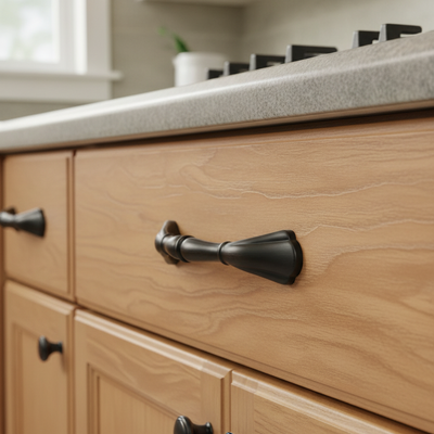 Wooden kitchen cabinets with OIL RUBBED BRONZE handles in a home setting