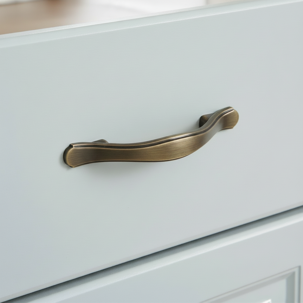 Brass cabinet handle on a white drawer