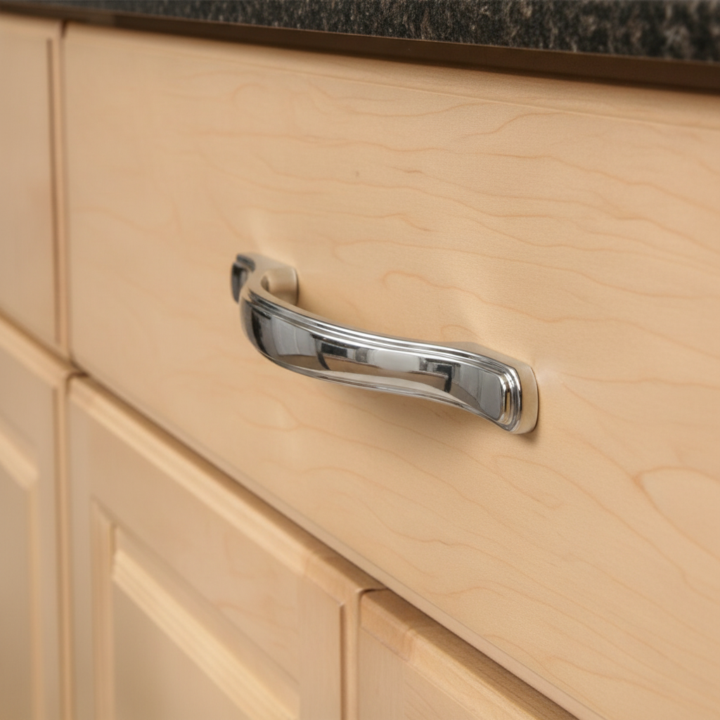 Chrome door handle on a white background