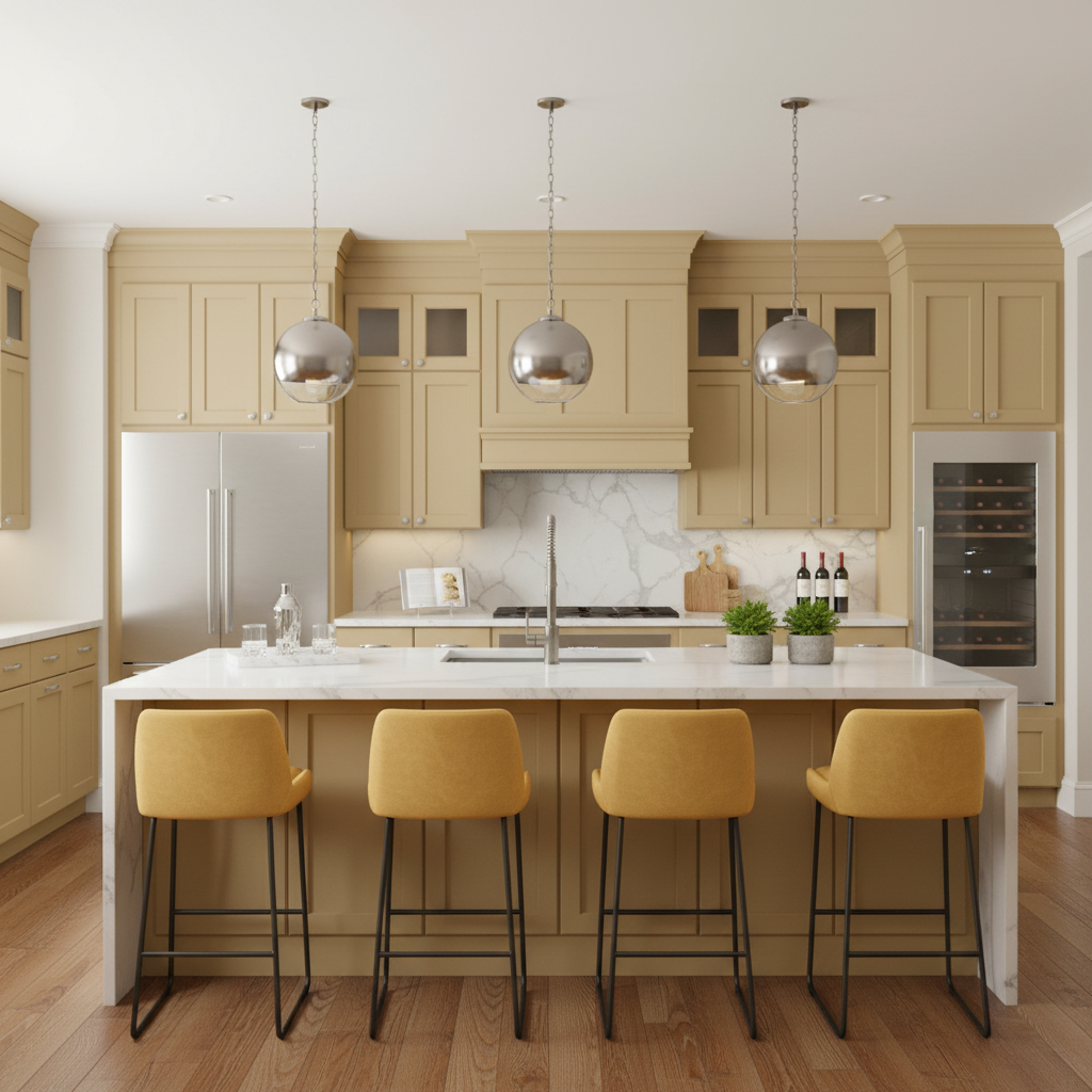 Modern kitchen with beige cabinets, white countertops, and yellow bar stools.
