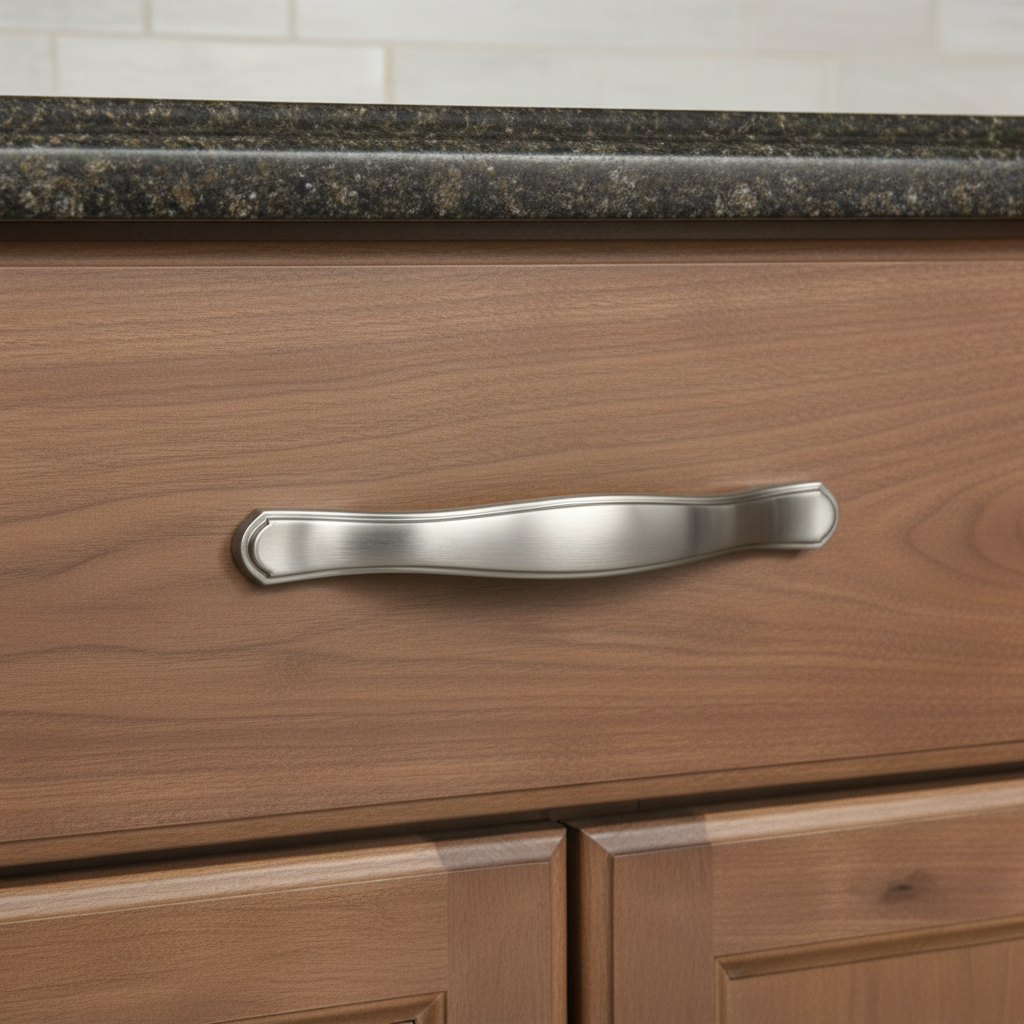 Wooden cabinet with a metallic handle on a kitchen counter.
