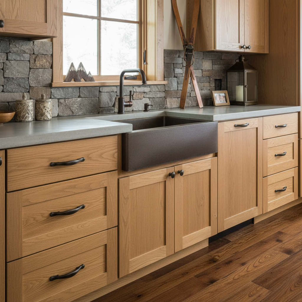 oil rubbed bronze cabinet pulls on a pretty ski cabin kitchen with wooden cabinets, stone wall, and stainless steel sink.