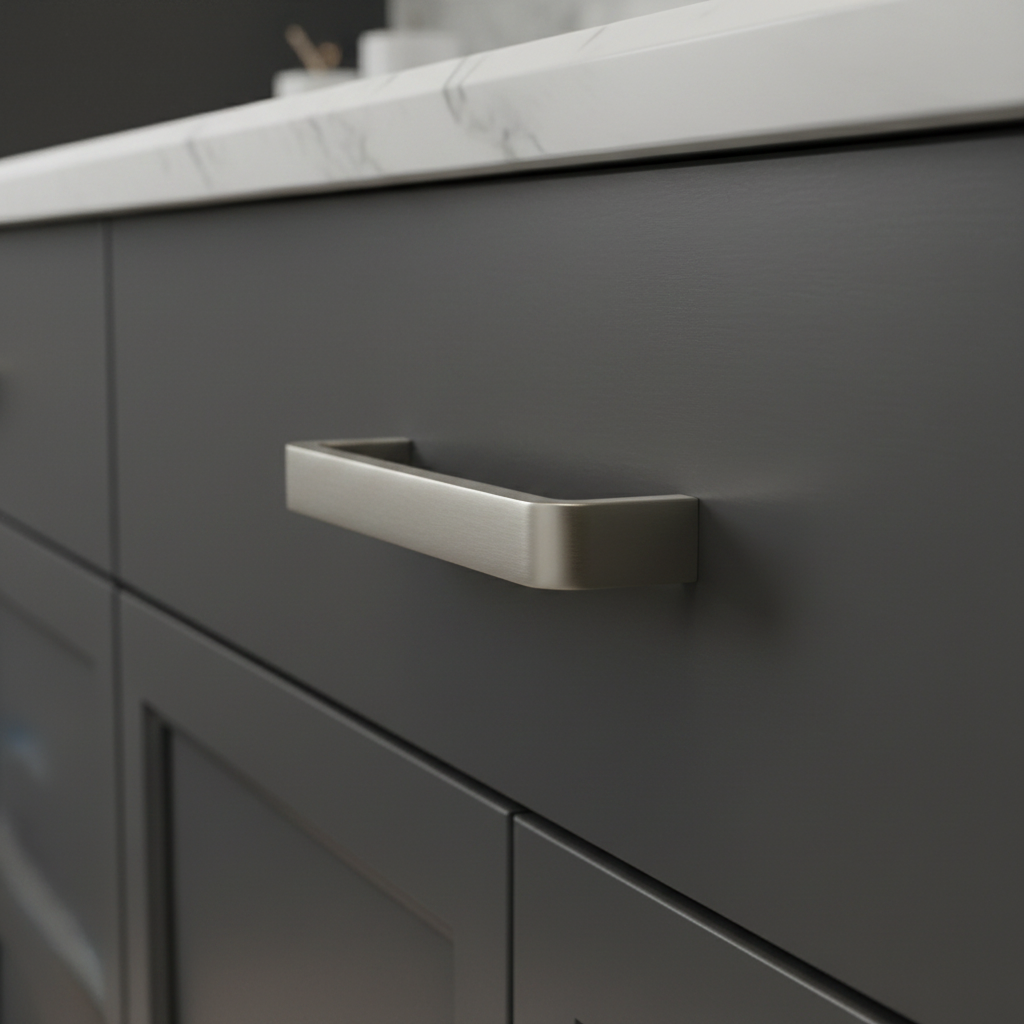 sati nickel cabinet drawer with 3.5 inch hole spaces installed on a dark gray drawer
