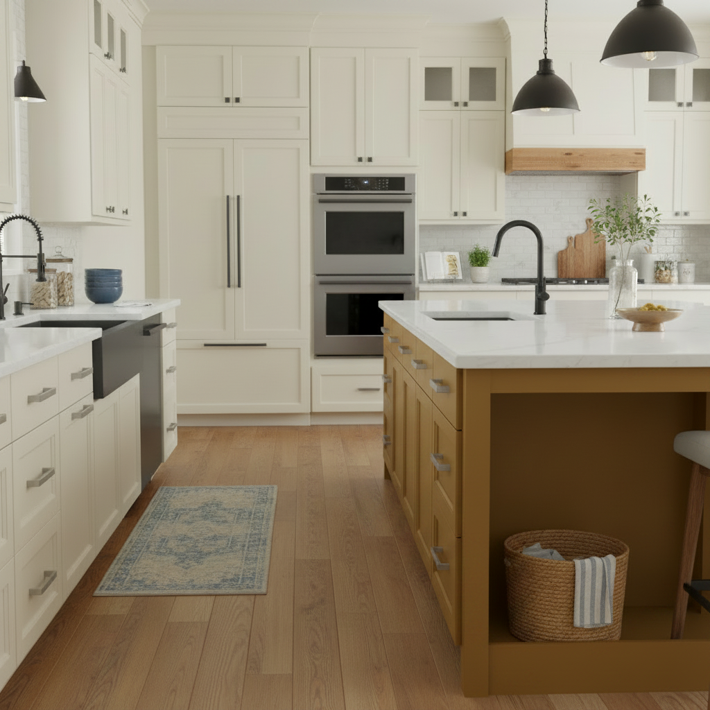 Satin nickel cabinet drawer pulls in a modern kitchen with white cabinets, stainless steel appliances, and wooden island.