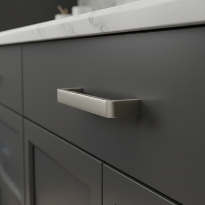 sati nickel cabinet drawer with 3.5 inch hole spaces installed on a dark gray drawer