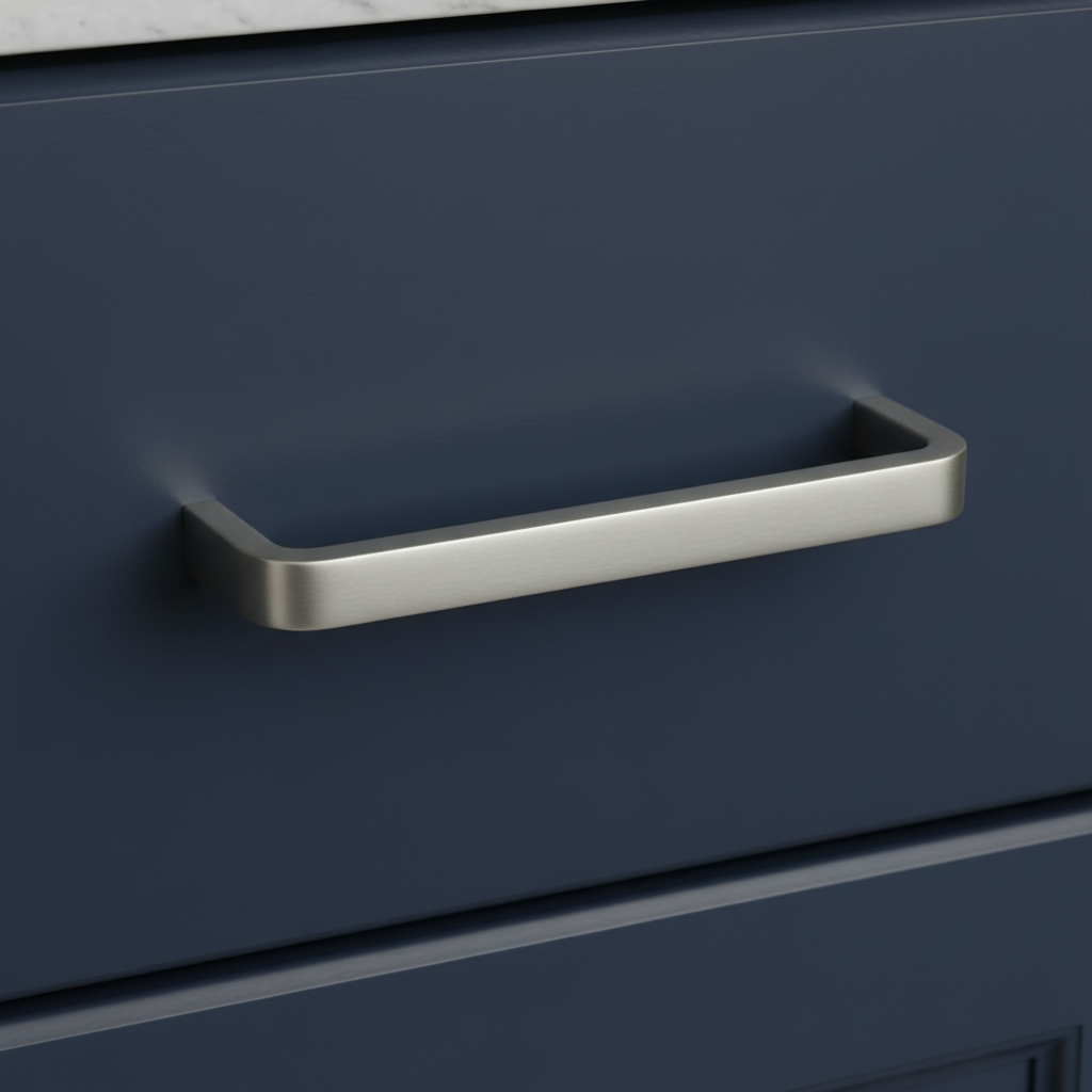 Metallic handle on a navy blue drawer