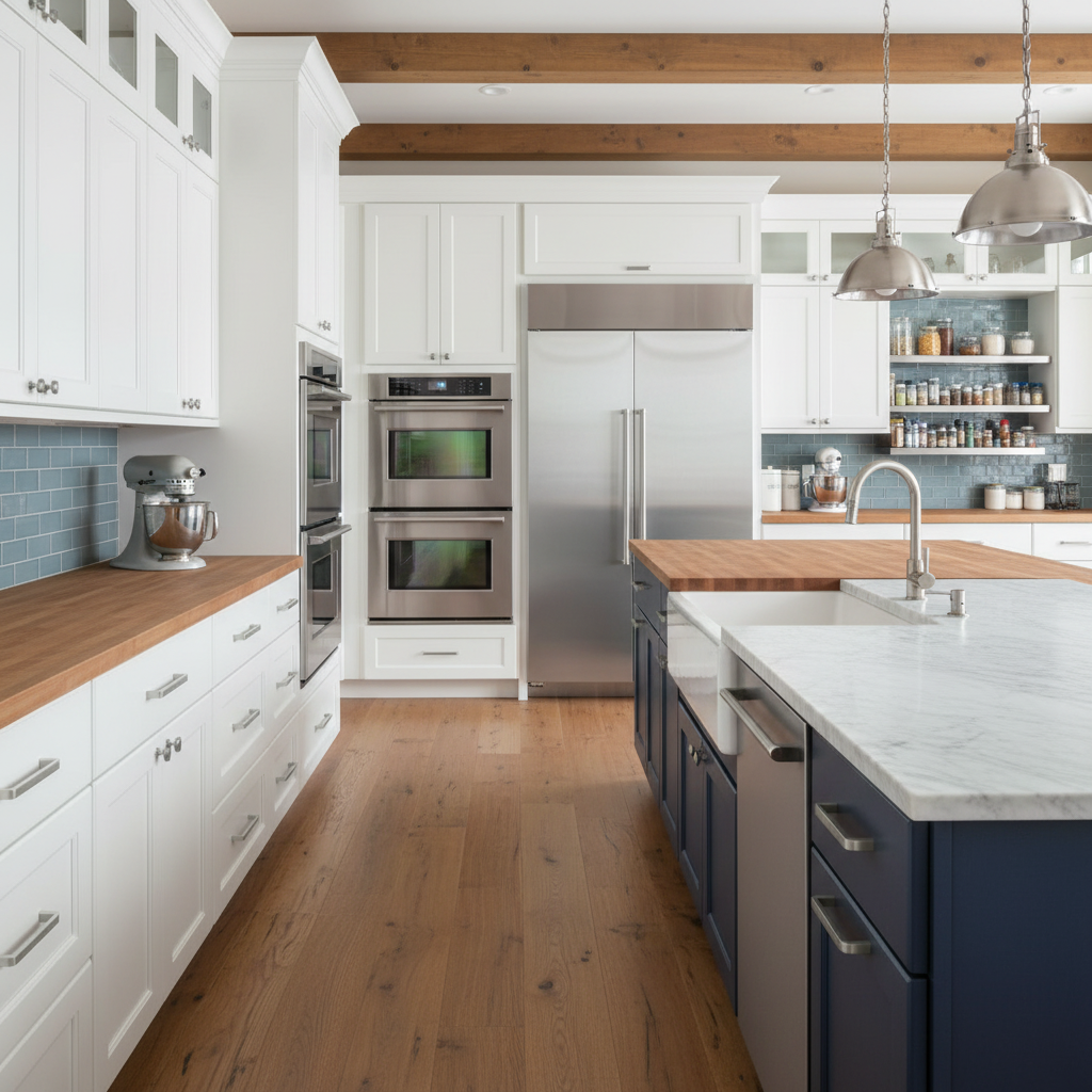 Metallic handle on a navy blue drawer