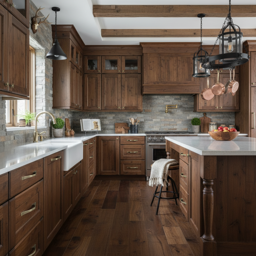 Brushed antique brass handles in a mountain lodge kitchen with wooden cabinets, marble countertops, and a stone backsplash.