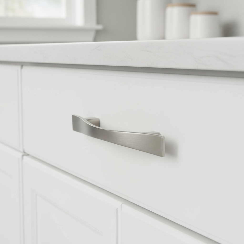 Close-up of a satin nickel cabinet handle on a white cabinet