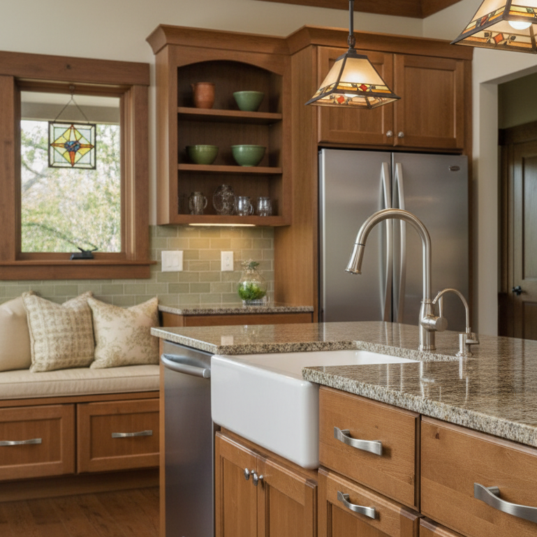 Modern kitchen with wooden cabinets, stainless steel appliances, and a window with stained glass.