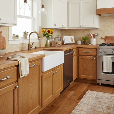 satin nickel leaf cabinet pulls on a wood kitchen 
