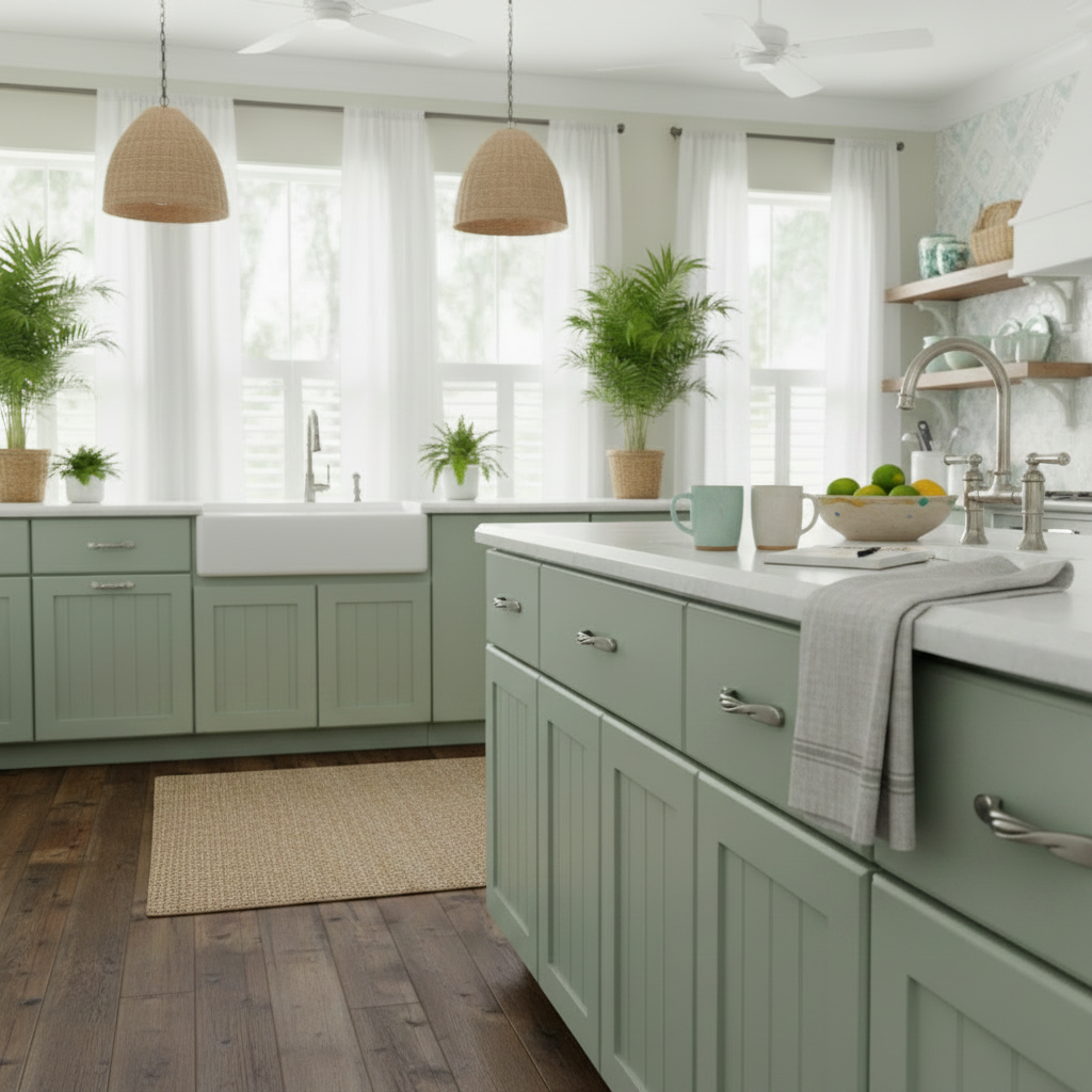 Close-up of a green kitchen cabinet with a silver handle, blurred background