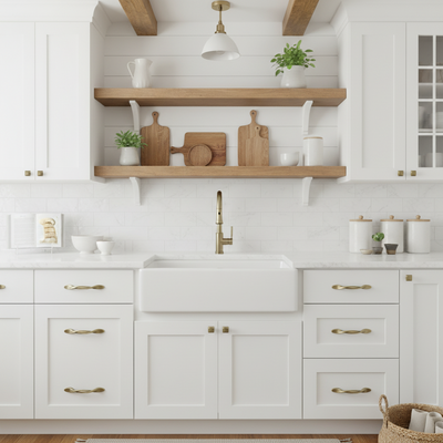 Modern kitchen with white cabinets, wooden shelves, and a farmhouse sink.