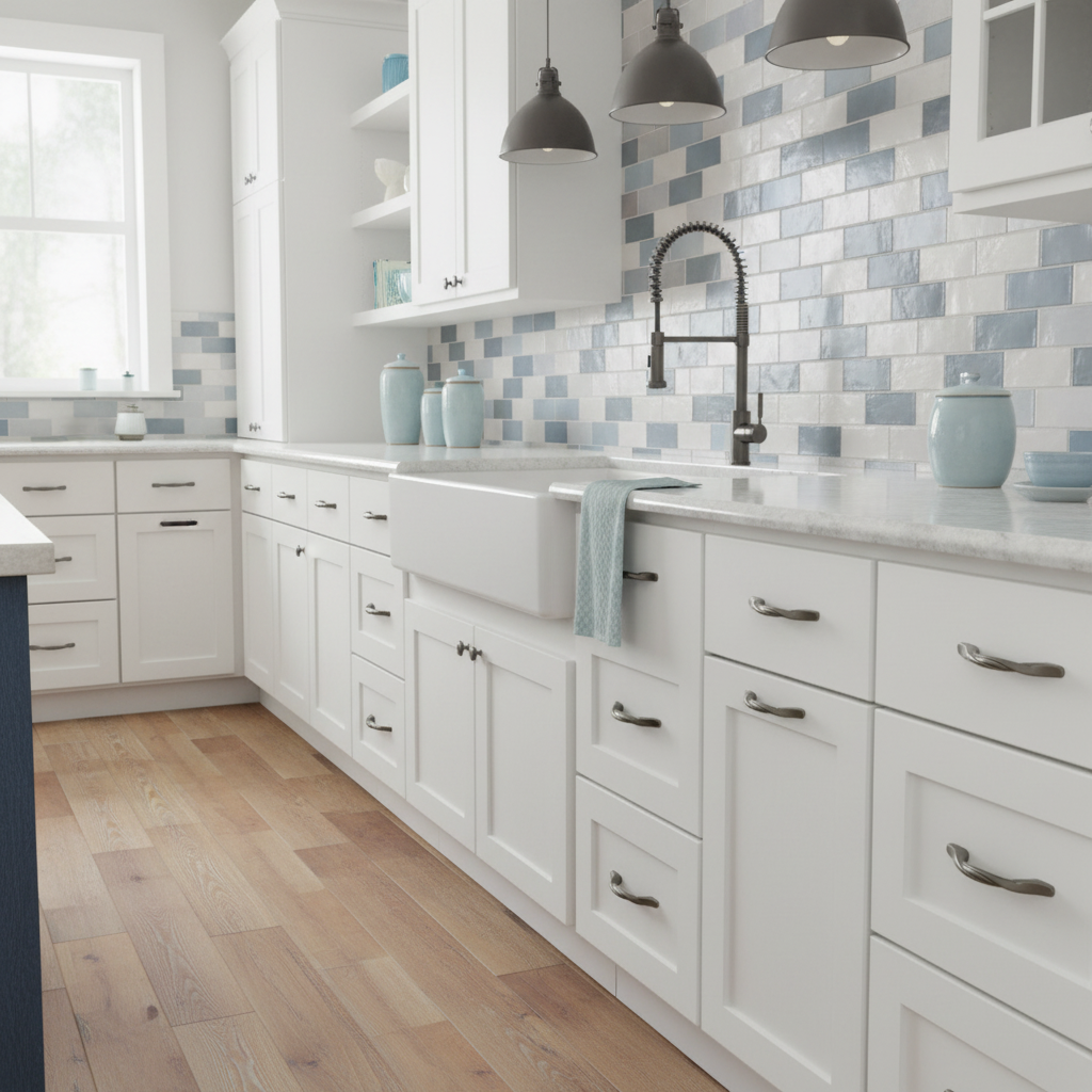 Graphite cabinet pulls installed in a pretty country kitchen with white cabinets, blue tiled backsplash, and wooden floor.