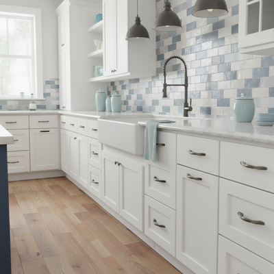 Graphite cabinet pulls installed in a pretty country kitchen with white cabinets, blue tiled backsplash, and wooden floor.