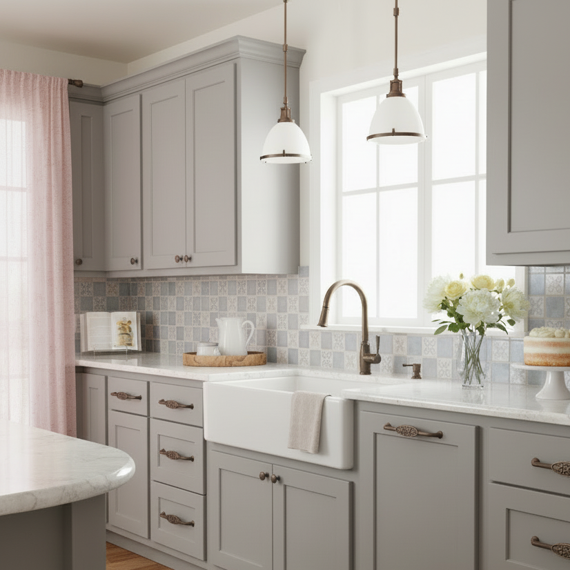 Decorative cabinet handle with black finish and intricate design on a white background