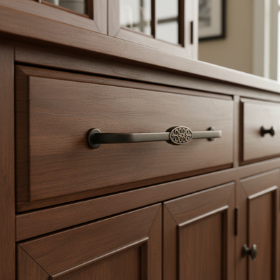 Close-up of a wooden dresser with decorative handles