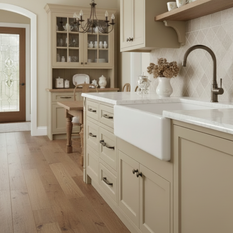 Modern kitchen with beige cabinets, white countertops, and wooden flooring.