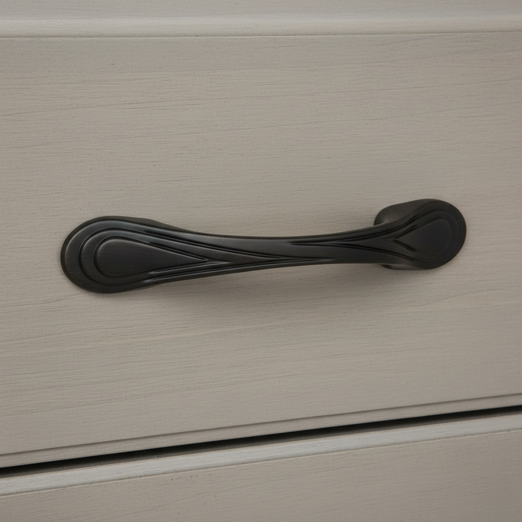 oil rubbed bronze  cabinet handle on a beige cabinet door