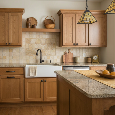 Black cabinet handle on a beige cabinet door