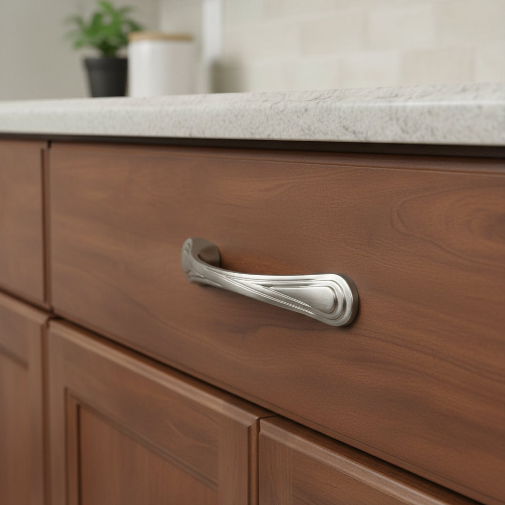 Wooden cabinet with a silver handle in a kitchen setting