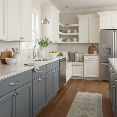 Modern kitchen with gray cabinets, stainless steel appliances, and a seating area.