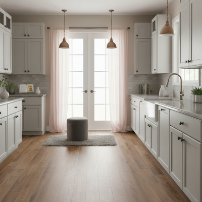 Modern kitchen with white cabinets, wooden flooring, and large windows.