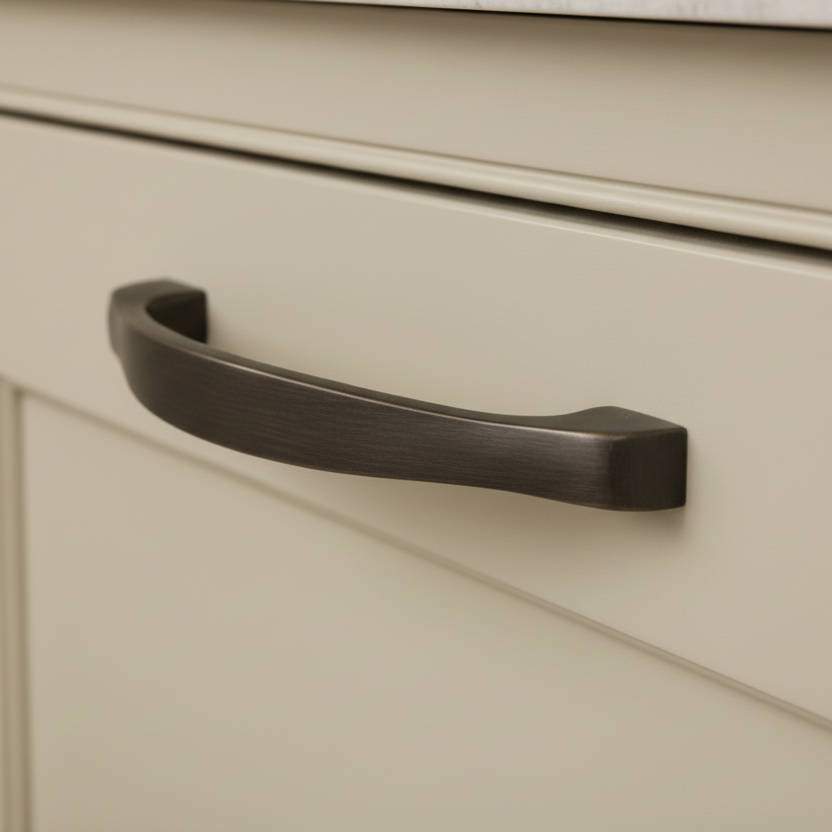 Close-up of a beige cabinet with a black handle