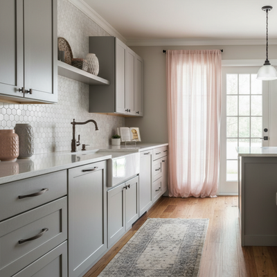 Modern kitchen with white cabinets, pink curtains, and a island.