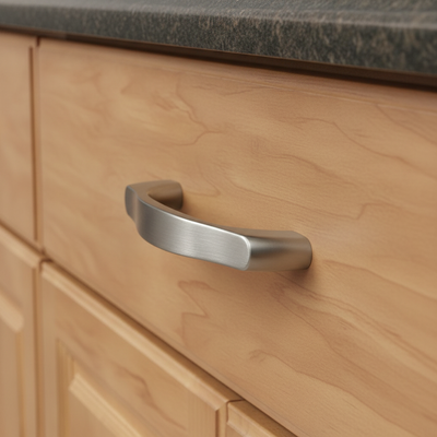 Wooden cabinet with a metallic handle