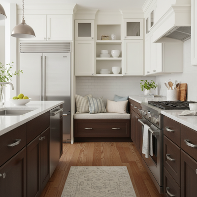Modern kitchen with white and dark wood cabinets, satin nickel cabinet pulls, stainless steel appliances, and a seating area.