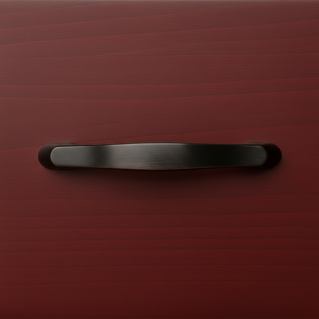 oil rubbed bronze handle on an oxblood cabinet drawer 