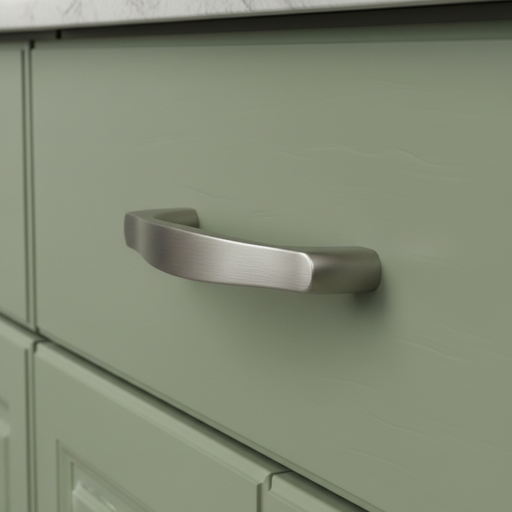 satin nickel decorative cabinet handle on a green cabinet door