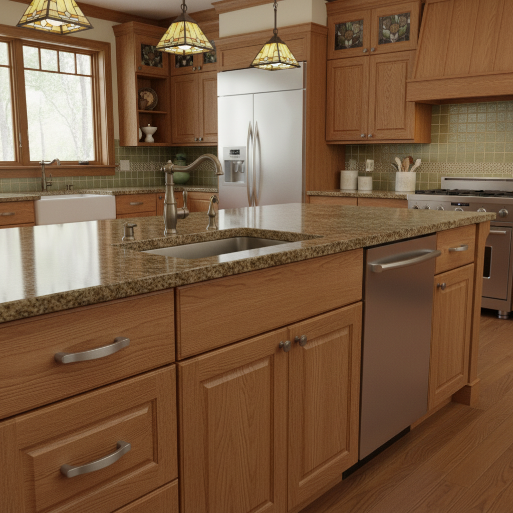 Modern kitchen with wooden cabinets, stainless steel appliances, and granite countertops.