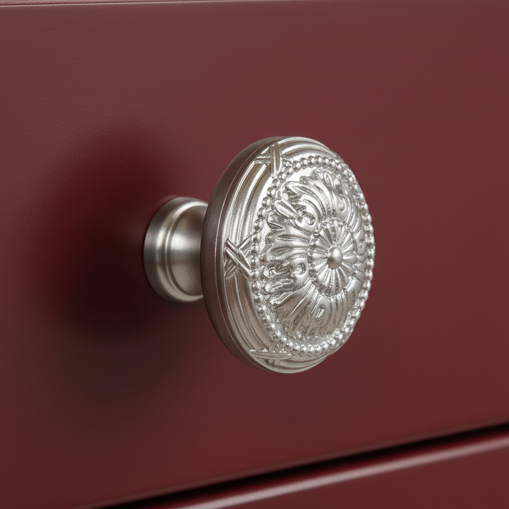 Decorative silver doorknob on a maroon door