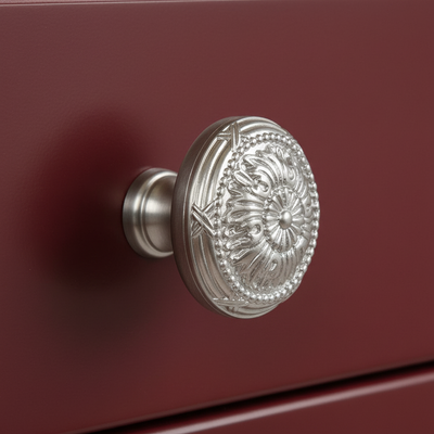 Decorative silver doorknob on a maroon door