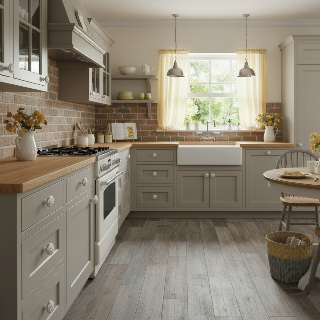 Modern kitchen with wooden countertops, white appliances, and a window view.