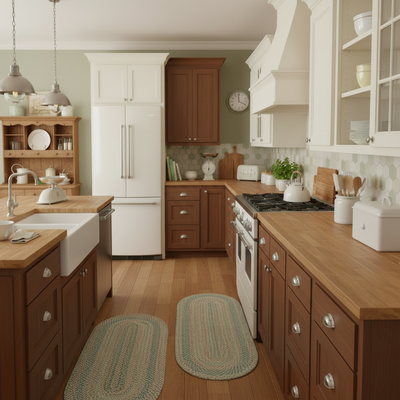 Modern kitchen with wooden and white cabinets, stainless steel appliances, and wooden countertops.