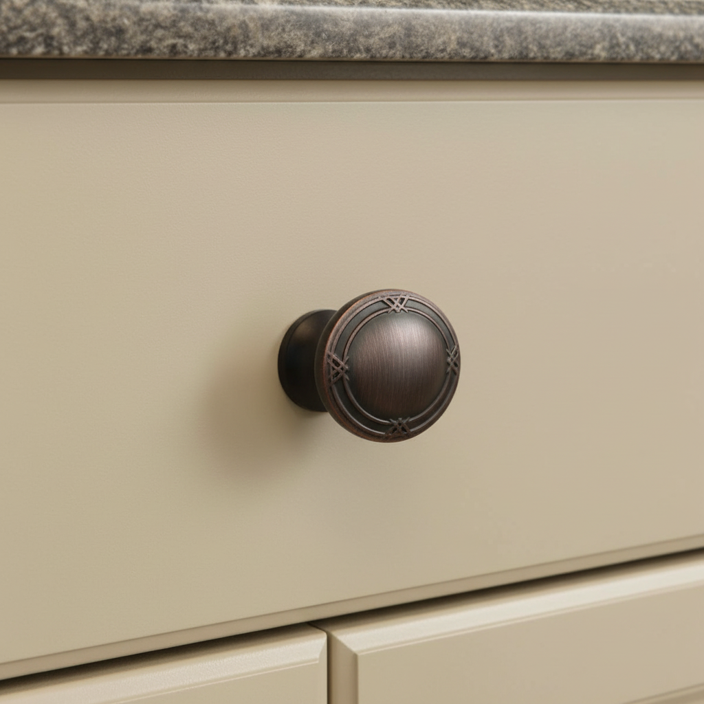 oil rubbed brown craftsman cabinet knob installed on a  golden beige drawer 
