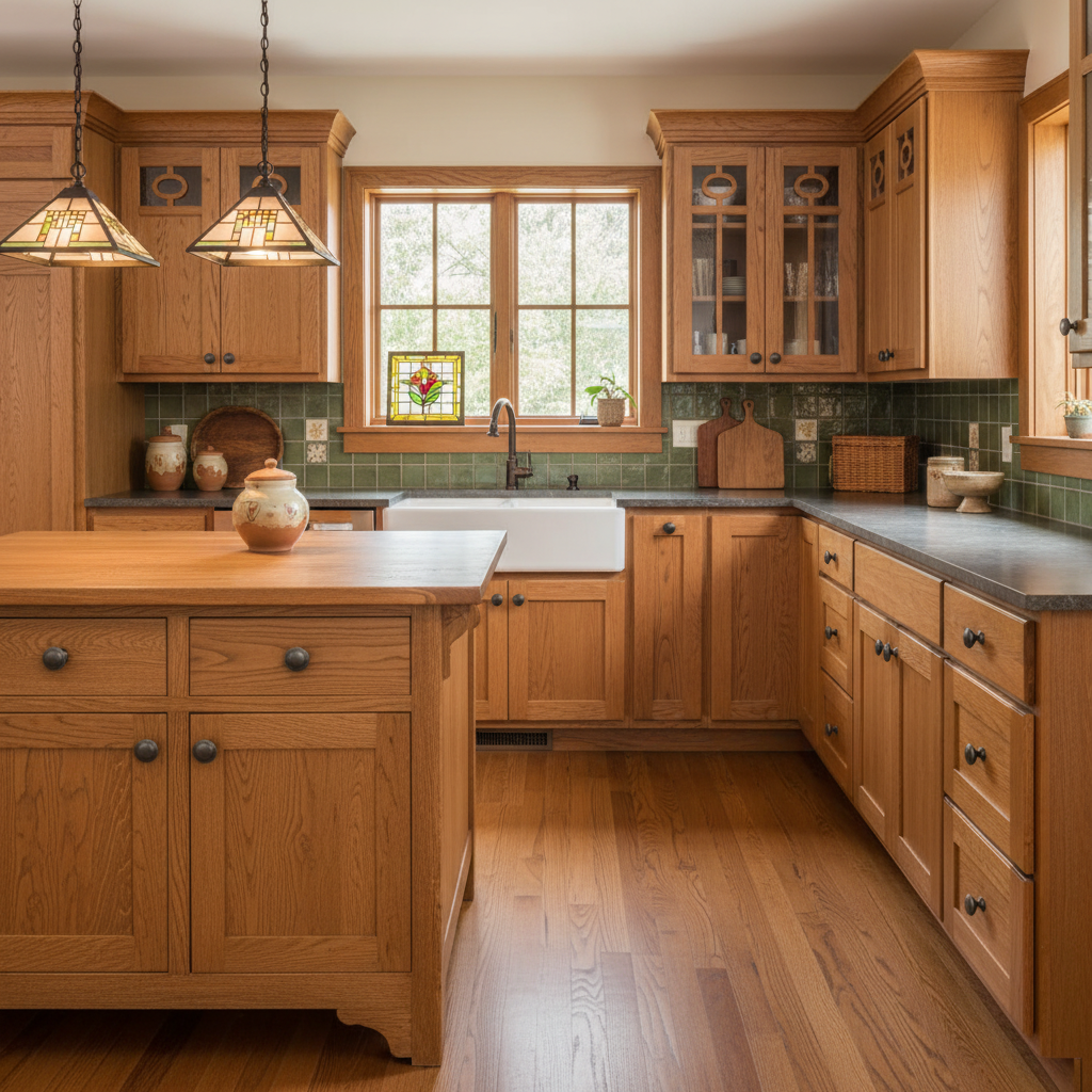 oil rubbed bronze cabinet knobs on wooden craftsman kitchen with island, cabinets, and window