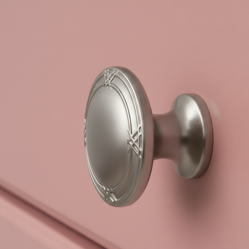 solid metal cabinet knob with pretty etching design on a pink background