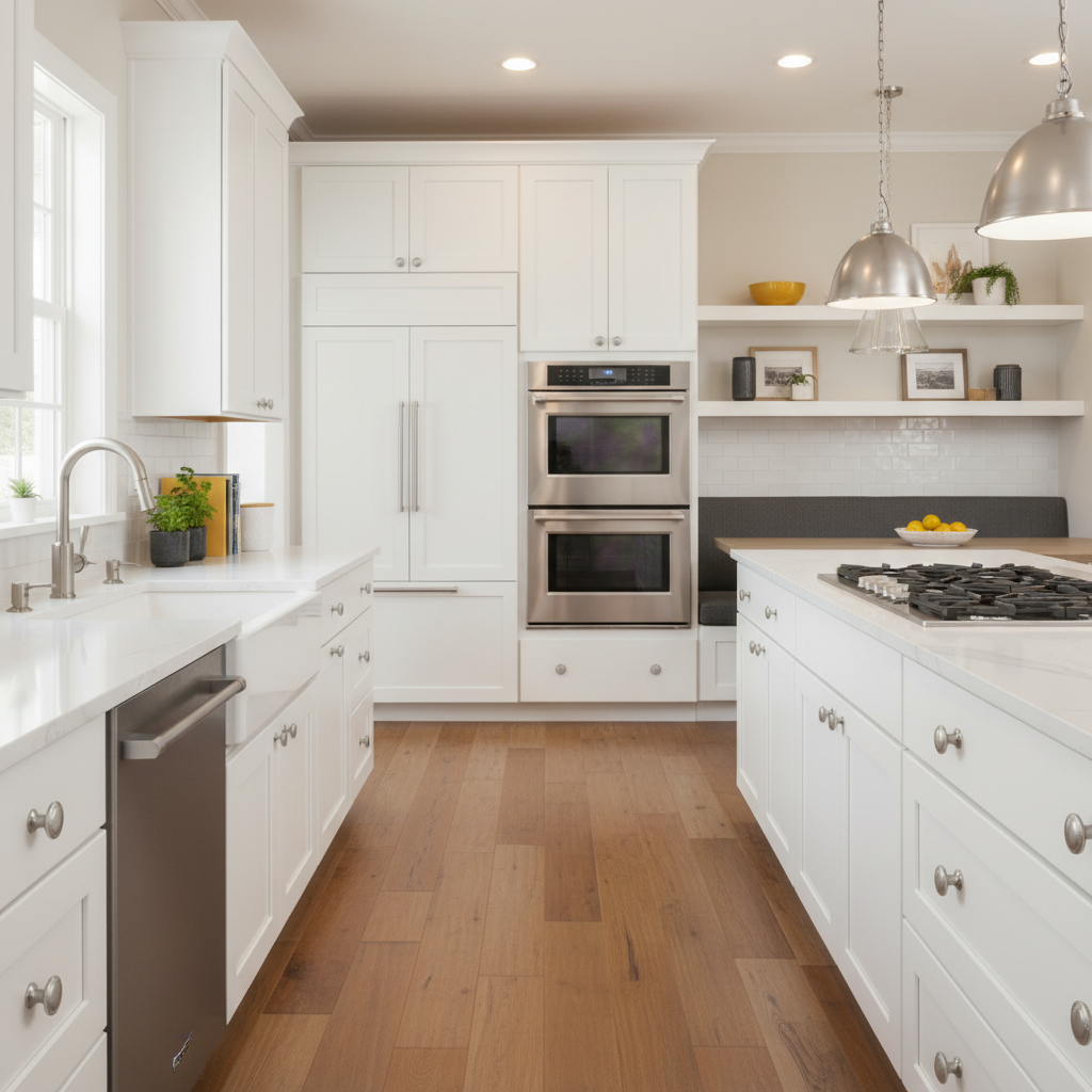 Modern kitchen with white cabinets, stainless steel appliances, and wooden floor.