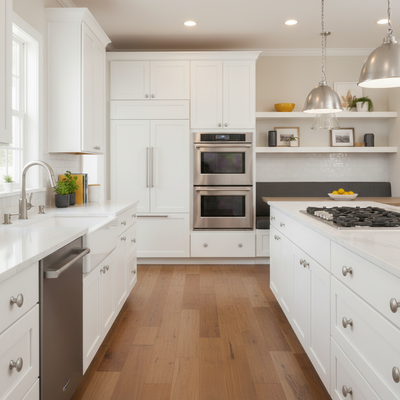 Modern kitchen with white cabinets, stainless steel appliances, and wooden floor.
